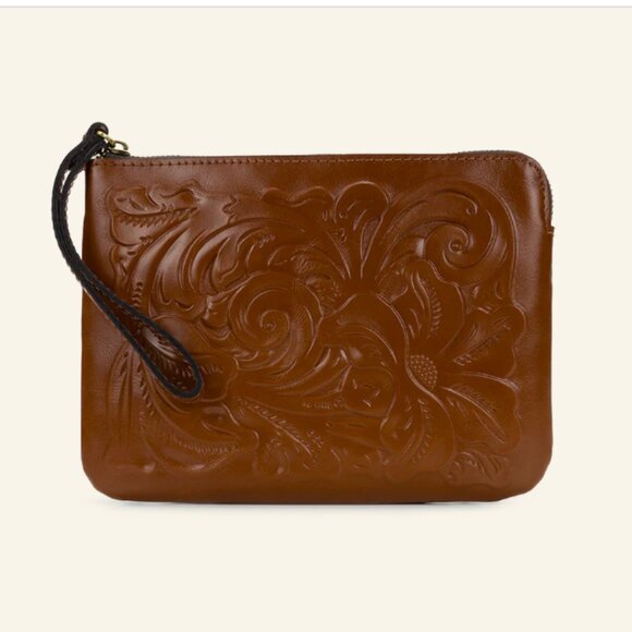 Patricia Nash Cassini Tooled Leather Wristlet, Brown Florence, NEW With Tags - Picture 1 of 5